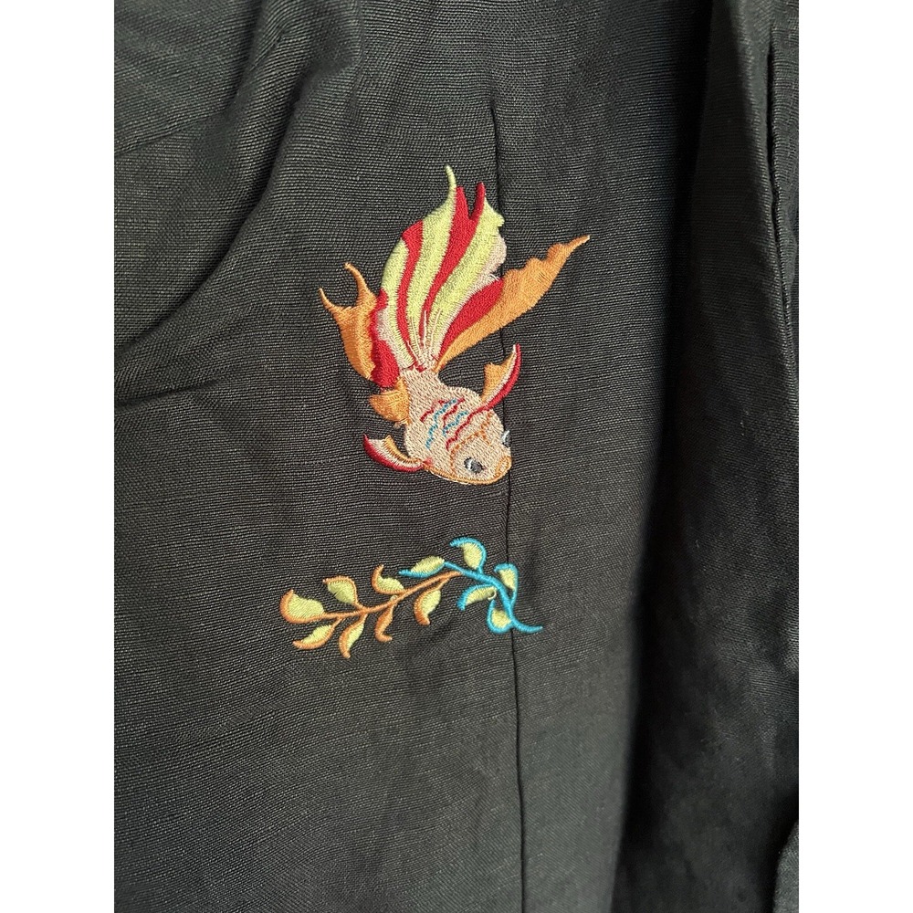 Sarah Spencer Black Linen Blouse Women's 16 Embroidered Artsy Goldfish Colorful - Picture 12 of 16
